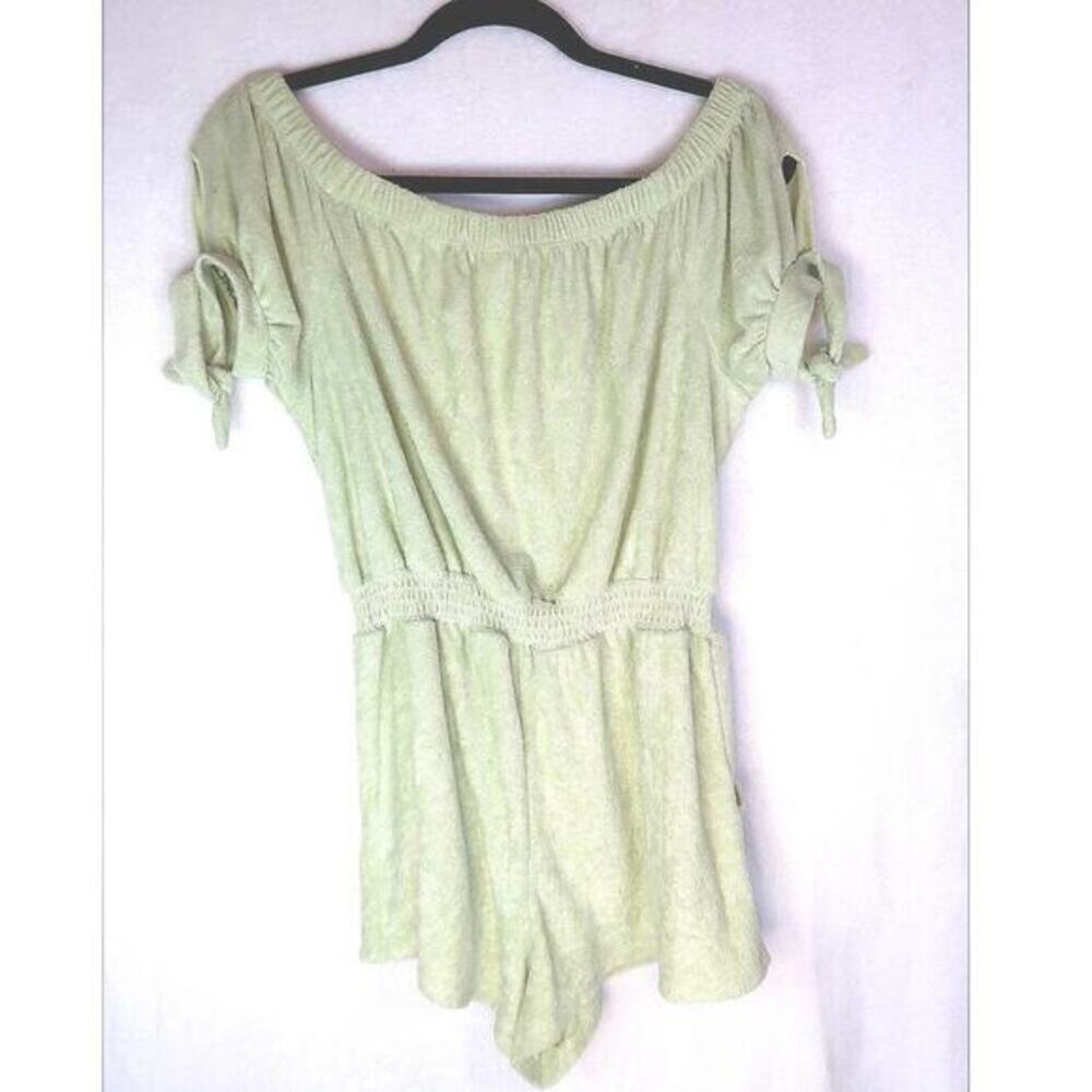 Green terry cloth romper with tie puff sleeves